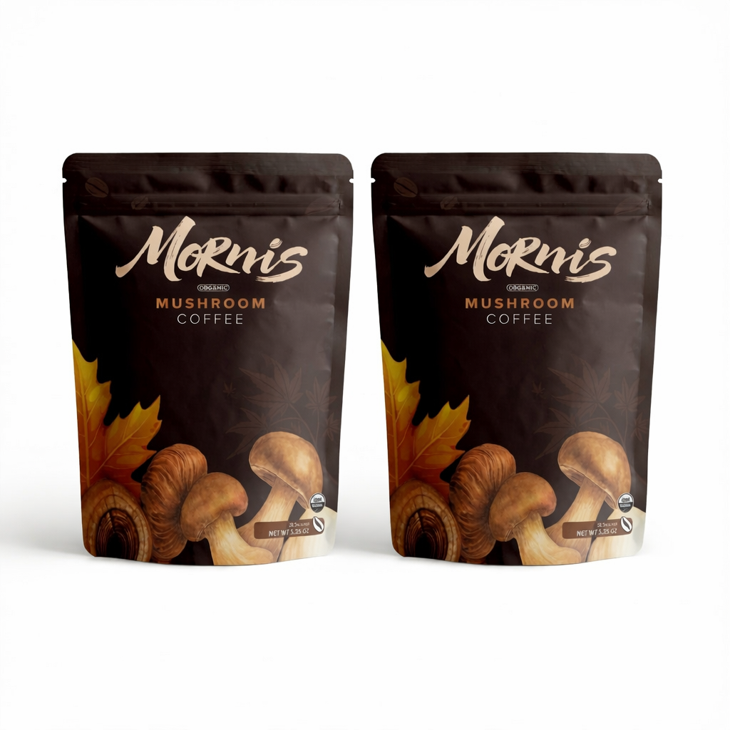 Two packages of Mushroom Coffee on a white background